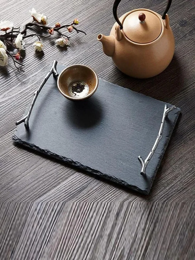 1 تشيس 1CHASE Natural Stone Slate Serving Tray With Arborization Handle